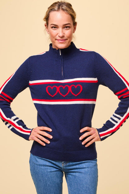 Merino Wool Stripe Hearts Quarter Zip | Navy/Cream/Red - Aspiga