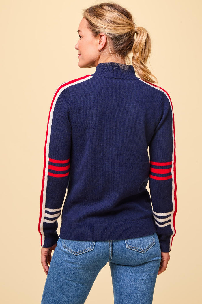 Merino Wool Stripe Hearts Quarter Zip | Navy/Cream/Red - Aspiga