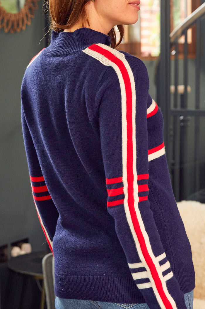 Merino Wool Stripe Hearts Quarter Zip | Navy/Cream/Red - Aspiga