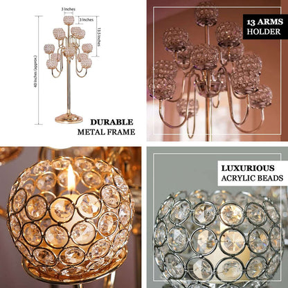 Elegant 13-arm candle holder with luxurious acrylic beads and durable metal frame.