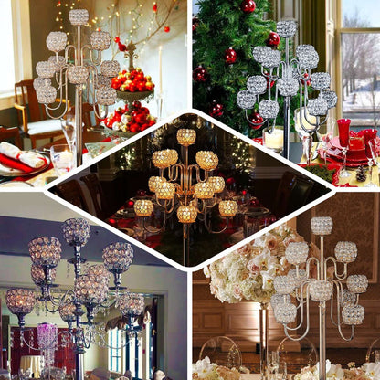 Elegant crystal candle holders in various festive settings.