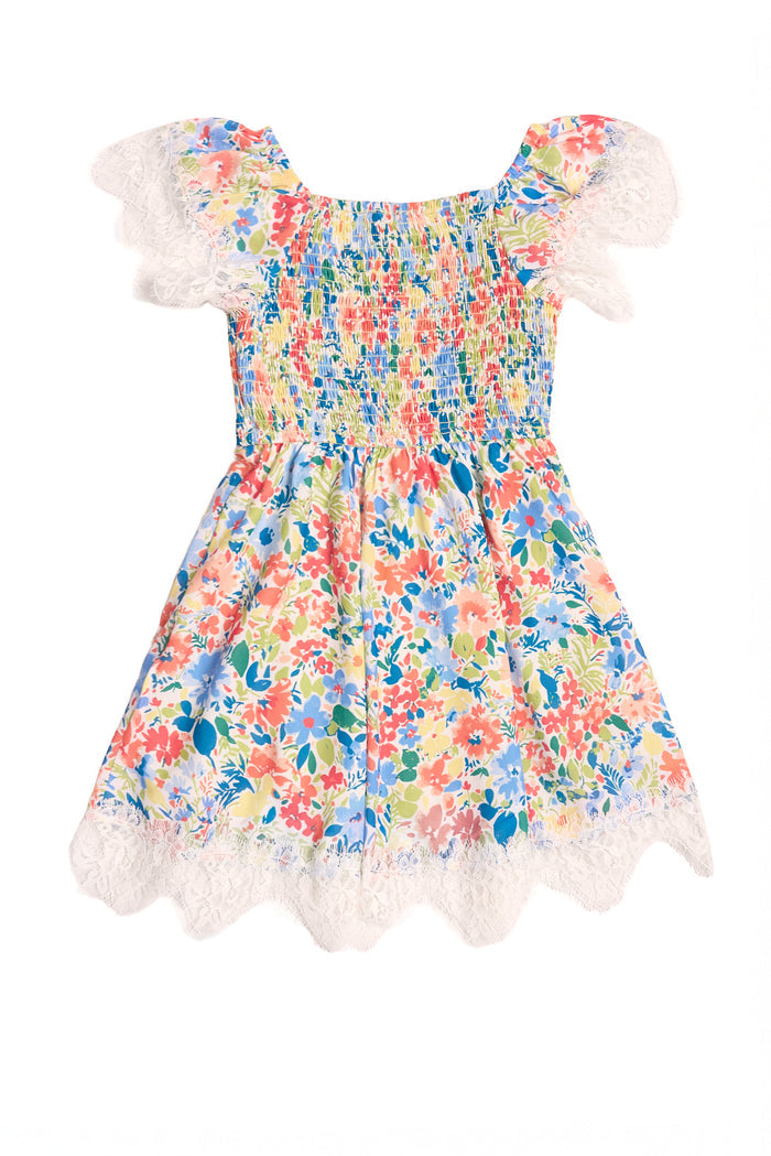 The Ivy City Co Mini Ada Dress in Vibrant Yarrow Print features a colorful floral chiffon design with short, ruffled lace-trimmed sleeves and hem, plus a shirred stretchy bodice—perfect for spring.