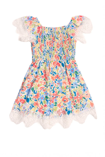 The Ivy City Co Mini Ada Dress in Vibrant Yarrow Print features a colorful floral chiffon design with short, ruffled lace-trimmed sleeves and hem, plus a shirred stretchy bodice—perfect for spring.