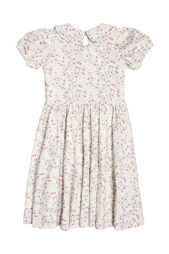 The Mini Alayna Play Dress in Ivory Pansy Trellis by Ivy City Co is a light-colored, short-sleeved girls’ spring dress with a Peter Pan collar, pink and blue floral pattern, fitted bodice, gathered waist, flared skirt, and button keyhole back.