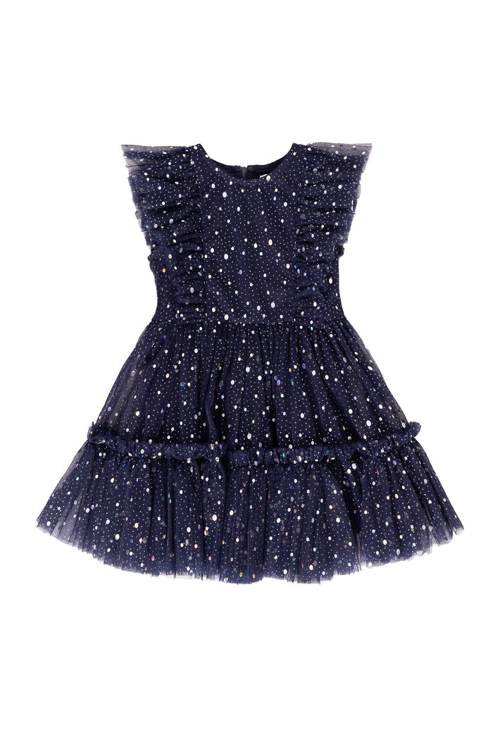 Sparkly navy dress against a white background