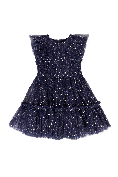 Sparkly navy dress against a white background
