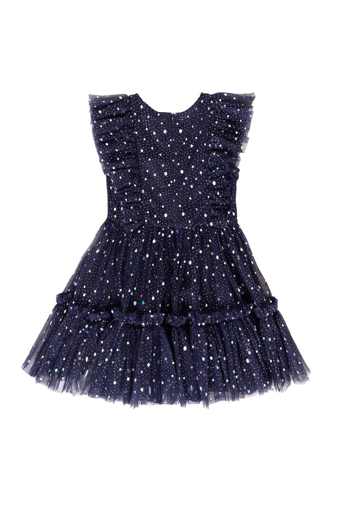 Sparkly navy dress against a white background
