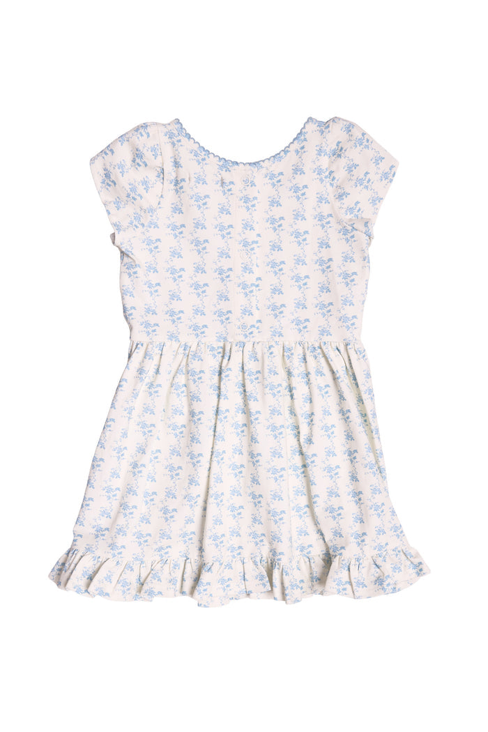 The Mini Dream Play Dress in Ivory Porcelain Fleur by Ivy City Co is a short-sleeved girls’ cotton dress, featuring a blue floral print, ruffled hem, gathered waist, and soft stretch fabric—perfect for playtime.