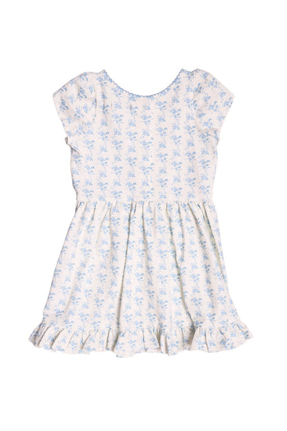 The Mini Dream Play Dress in Ivory Porcelain Fleur by Ivy City Co is a short-sleeved girls’ cotton dress, featuring a blue floral print, ruffled hem, gathered waist, and soft stretch fabric—perfect for playtime.
