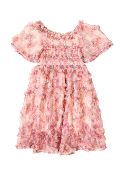 the front of a girls pink floral dress with short sleeves against a white background