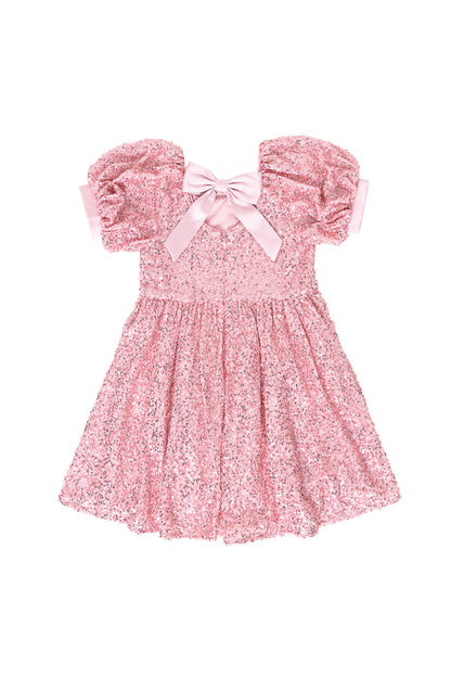 the back of a Pink sequin dress against a white background