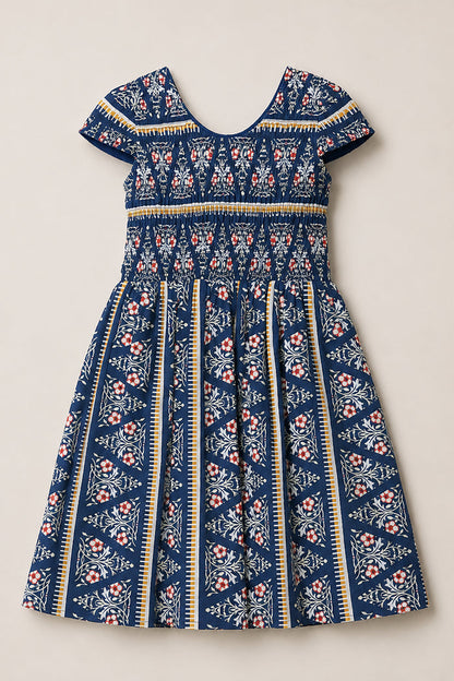 Introducing the Ivy City Co Mini Marlow Cap Sleeve Dress in Navy Fleur—a short-sleeved, knee-length cotton midi dress showcasing a charming blend of white, red, and yellow floral and striped patterns on a navy blue background. This dress features a fitted bodice and a flared skirt for an elegant silhouette.