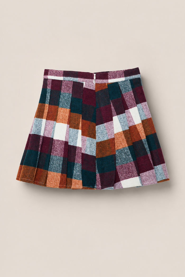 The Mini Marren Skirt in Maize Brushed Gingham by Ivy City Co features a pleated design and a bold checkered pattern in burgundy, orange, green, white, and gray hues. Crafted from soft wool-blend fabric, the skirt is displayed against a plain beige background.