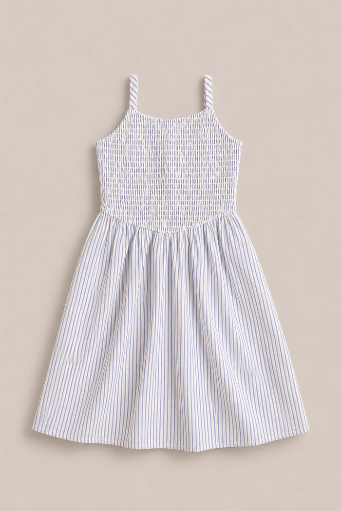 The Mini Maxwell Dress in Blue & White Pinstripe by Ivy City Co features a sleeveless design, smocked bodice, flared skirt, and thin blue stripes—ideal for stylish Mom and Me matching outfits.