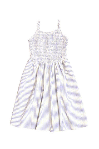 The Mini Maxwell Dress in Blue & White Pinstripe by Ivy City Co features thin straps, a smocked bodice, flared skirt, and vertical blue pinstripes. Perfect for sunny days and available in Mom and Me matching styles. Shown on a plain white background.