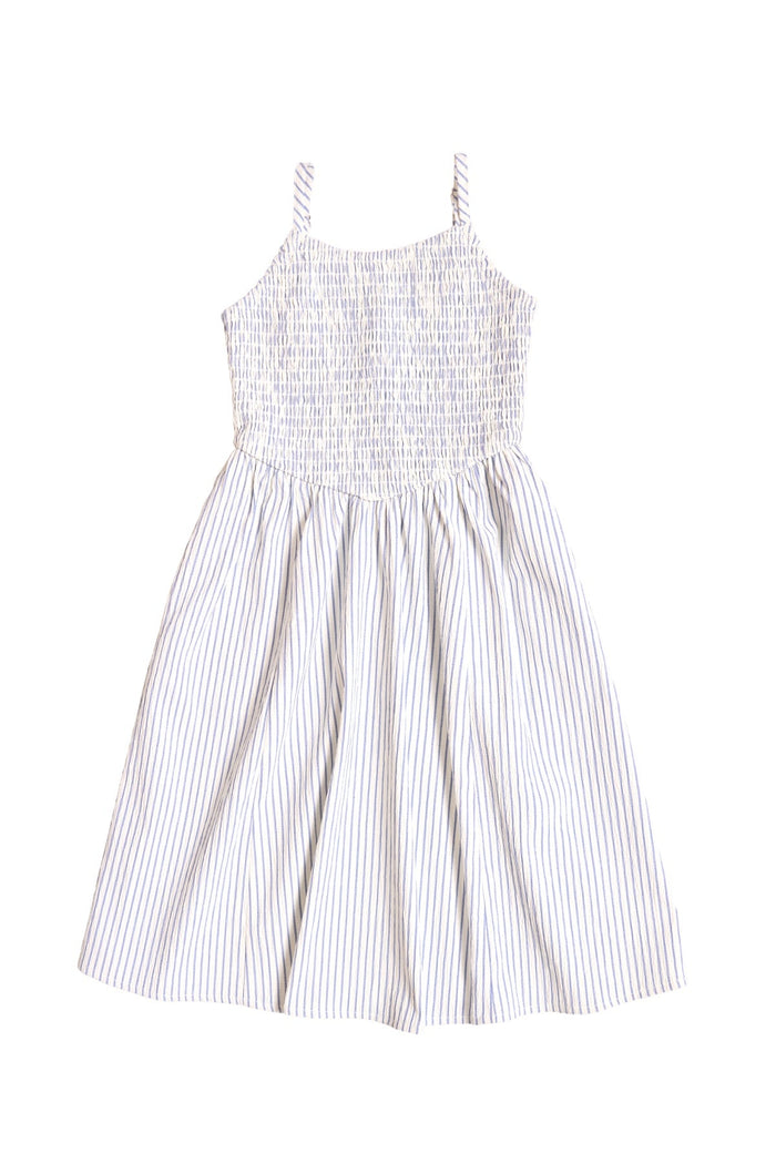 The Mini Maxwell Dress in Blue & White Pinstripe by Ivy City Co features a sleeveless design with thin shoulder straps, a smocked bodice, and a flared skirt. This delightful summer dress showcases white fabric with delicate vertical blue pinstripes—perfect for Mom and Me matching outfits.