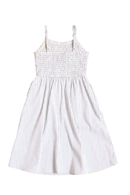 The Mini Maxwell Dress in Blue & White Pinstripe by Ivy City Co features a sleeveless design with thin blue vertical stripes, a smocked bodice, and spaghetti straps, shown laid flat on a white background—an ideal summer dress for those adorable Mom and Me matching moments.