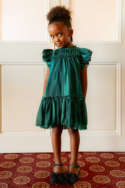 little girl in a green dress against a white wall