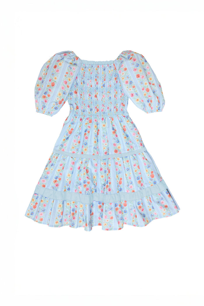 The Ivy City Co Mini Roselyn Dress in Blue Linear Floral Print features light blue fabric, puff sleeves, a smocked bodice, knee-length flared skirt, and a colorful floral pattern with vertical stripes.