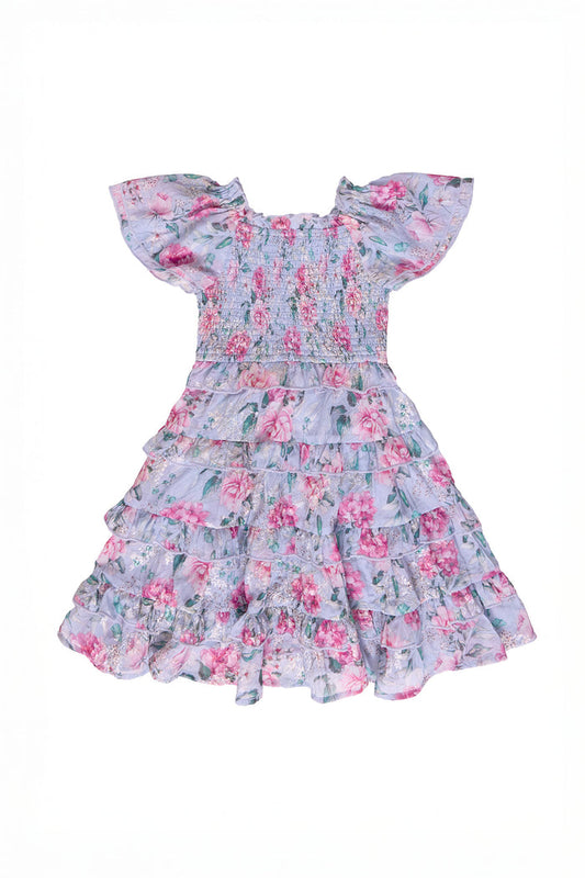purple floral dress against a white backdrop