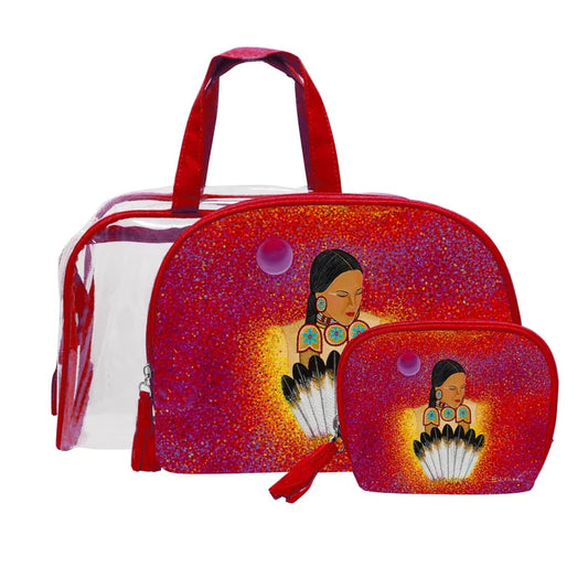 Moon Whispers Dance Cosmetic Bag Set featuring vibrant artwork by Emily Kewageshig in a three-piece collection.