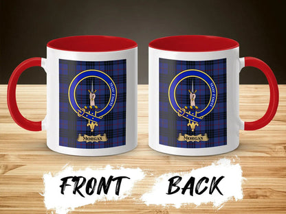 Morgan tartan-background crest mug shown as a Scottish heritage gift