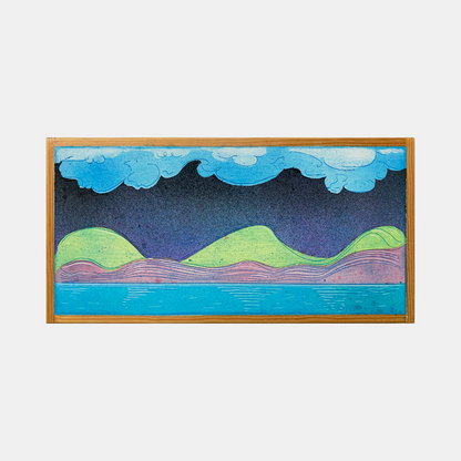 Muffled Saxophone by Evan Peltzman features a dreamlike landscape with rolling green hills against a deep purple-blue sky. White fluffy clouds drift across vibrant turquoise heavens, while a serene blue lake reflects the scene below. The artwork combines ink and plaster on wood panel, creating textured layers and flowing organic lines.