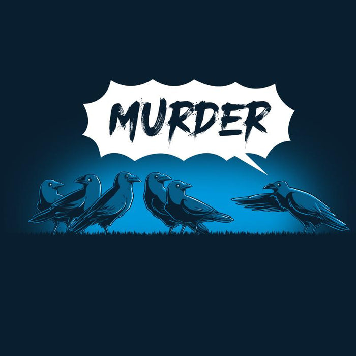 Premium Cotton T-shirt_TeeTurtle navy blue Murder of Crows featuring a group of crows standing, as one crow points at the group and says "murder!"