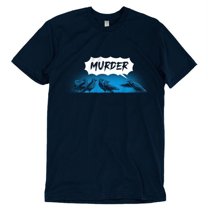Premium Cotton T-shirt_TeeTurtle navy blue Murder of Crows featuring a group of crows standing, as one crow points at the group and says "murder!"