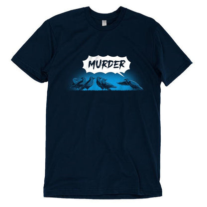 Premium Cotton T-shirt_TeeTurtle navy blue Murder of Crows featuring a group of crows standing, as one crow points at the group and says "murder!"