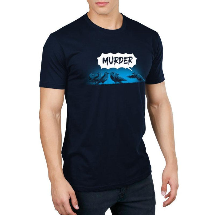 Premium Cotton T-shirt_TeeTurtle navy blue Murder of Crows featuring a group of crows standing, as one crow points at the group and says "murder!"