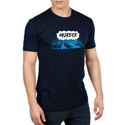 Premium Cotton T-shirt_TeeTurtle navy blue Murder of Crows featuring a group of crows standing, as one crow points at the group and says "murder!"
