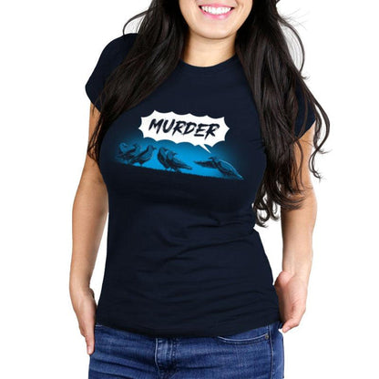 Premium Cotton T-shirt_TeeTurtle navy blue Murder of Crows featuring a group of crows standing, as one crow points at the group and says "murder!"