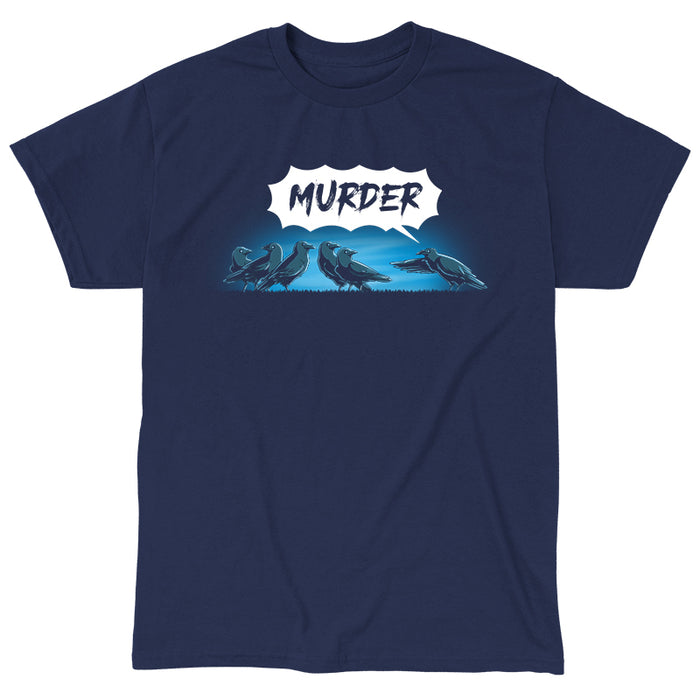 Classic Cotton T-shirt_TeeTurtle navy blue Murder of Crows featuring a group of crows standing, as one crow points at the group and says "murder!"