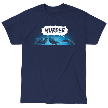 Classic Cotton T-shirt_TeeTurtle navy blue Murder of Crows featuring a group of crows standing, as one crow points at the group and says "murder!"