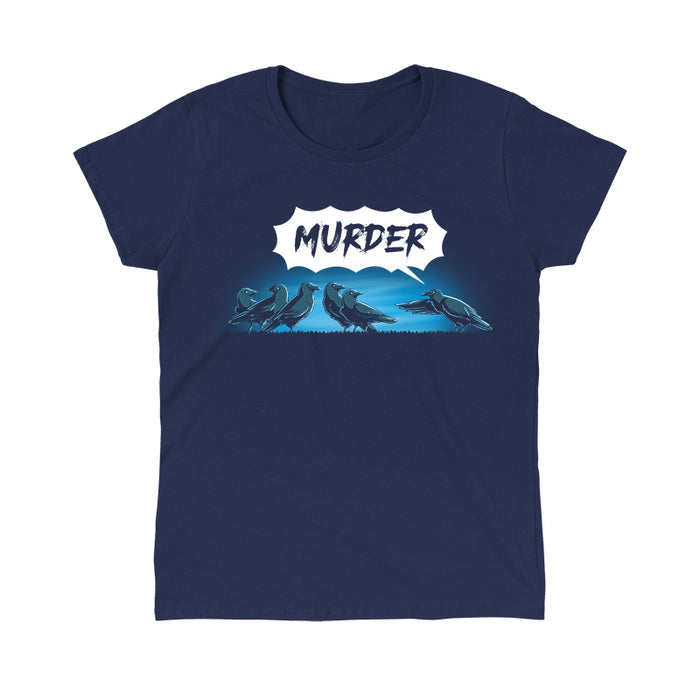 Classic Cotton T-shirt_TeeTurtle navy blue Murder of Crows featuring a group of crows standing, as one crow points at the group and says "murder!"