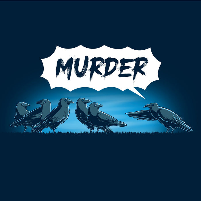 Long Sleeve T-shirt_TeeTurtle navy blue Murder of Crows featuring a group of crows standing, as one crow points at the group and says "murder!"