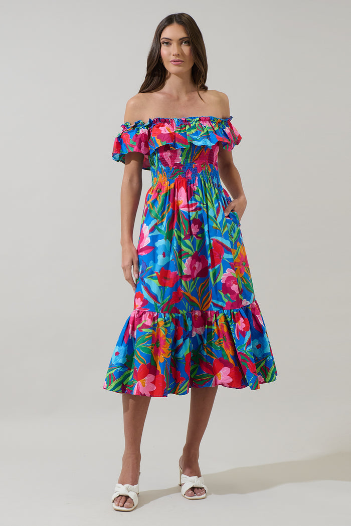 Naima Floral Off the Shoulder Smocked Midi Dress