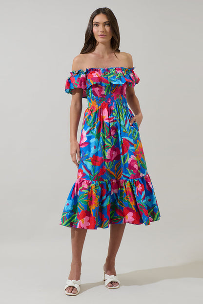 Naima Floral Off the Shoulder Smocked Midi Dress