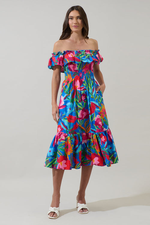 Naima Floral Off the Shoulder Smocked Midi Dress