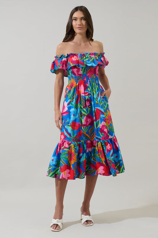Naima Floral Off the Shoulder Smocked Midi Dress