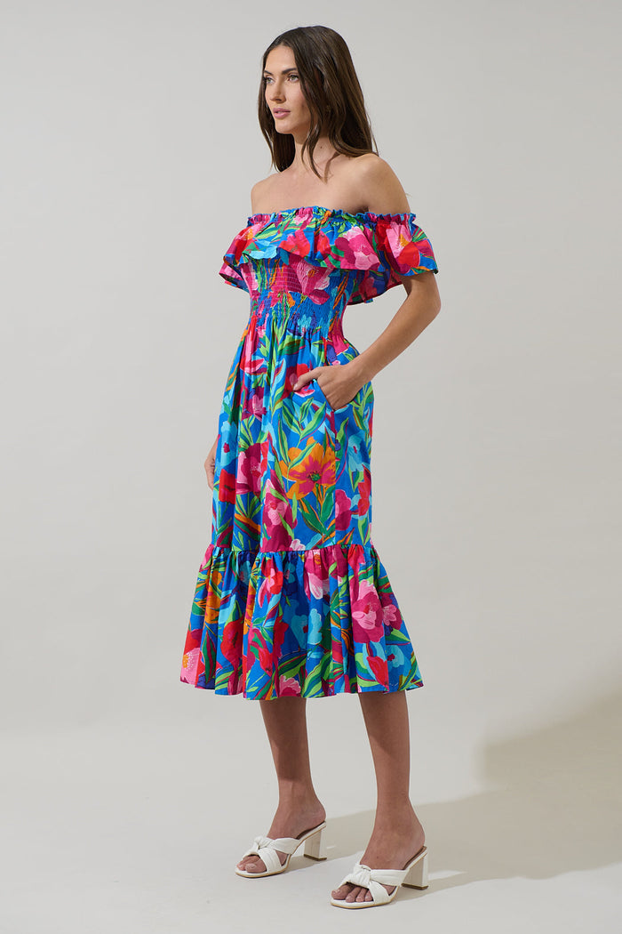 Naima Floral Off the Shoulder Smocked Midi Dress