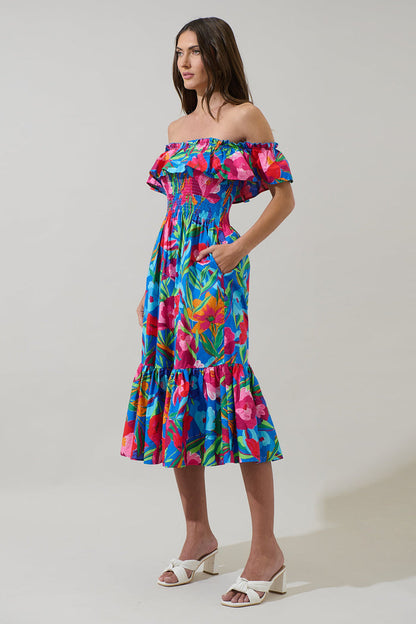 Naima Floral Off the Shoulder Smocked Midi Dress