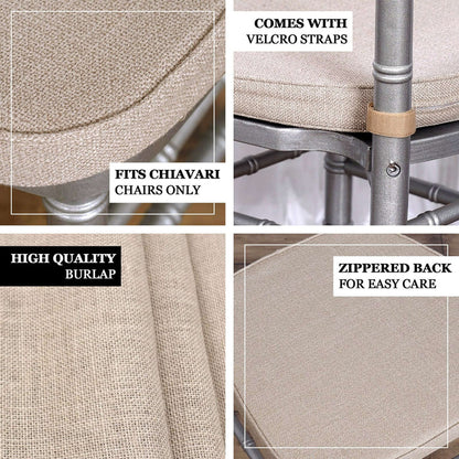 High-quality burlap chair cover with zipper and Velcro straps for Chiavari chairs.