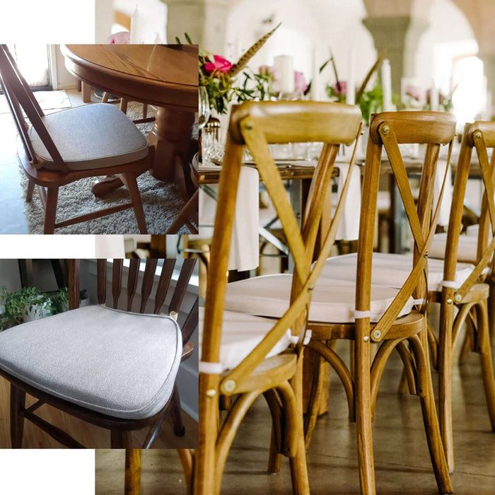 Stylish wooden chairs with padded seats in a dining setup.