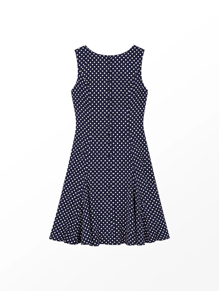 Navy polka dot mini dress with boat neckline, button-front placket