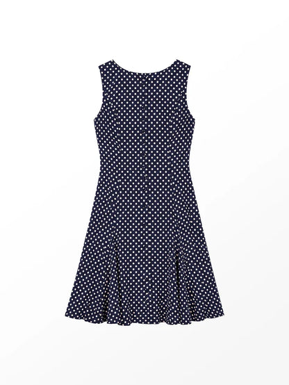 Navy polka dot mini dress with boat neckline, button-front placket