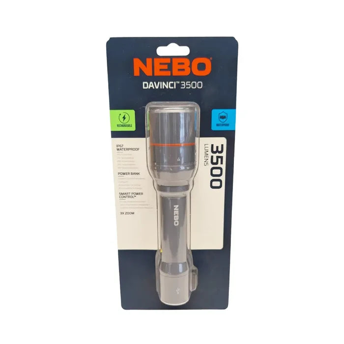 Nebo Davinci 3500 flashlight front packaging detail on a white background