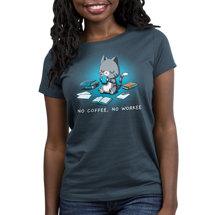 Premium Cotton T-shirt_TeeTurtle  denim blue No Coffee, No Workee apparel featuring gray cat with eyes closed sipping from coffee mug. Books and papers lay around it. Caption below reads, "no coffee, no workee".