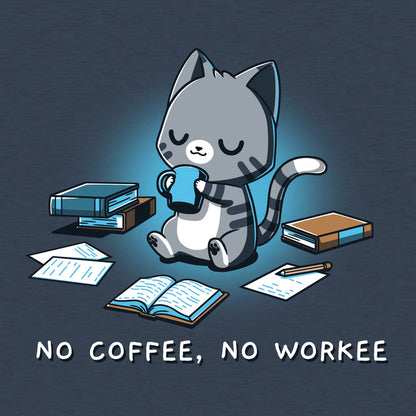 Classic Cotton T-shirt_TeeTurtle heather navy No Coffee, No Workee apparel featuring gray cat with eyes closed sipping from coffee mug. Books and papers lay around it. Caption below reads, "no coffee, no workee".